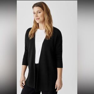 Eileen Fisher Black Ribbed Open Front Cardigan Italian Yarn M